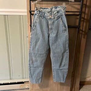 Zara Light Wash Cropped Paper Bag Jeans